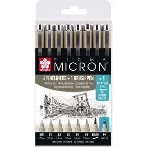 Afbeelding van Sakura Pigma Micron 6 zwarte fineliners + 1 brushpen + 1 gratis pigment pen