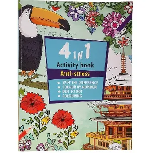Afbeelding van Activiteitenboek Voor Volwassenen Anti-stress | Kleurboek Voor Volwassenen 4 In 1 - Kleuren Op Nummer - Zoek De Verschillen - Dot To Dot - Dieren - Bloemen