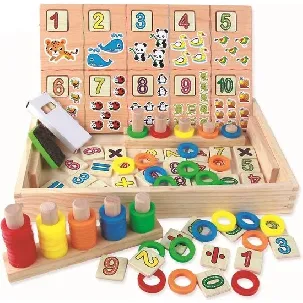 Afbeelding van Buxibo Houten Speelgoed Leren Tellen en Rekenen inclusief Ringen, Krijtbord en Krijt - Getallen Puzzel Wiskunde met Dieren Plaatjes